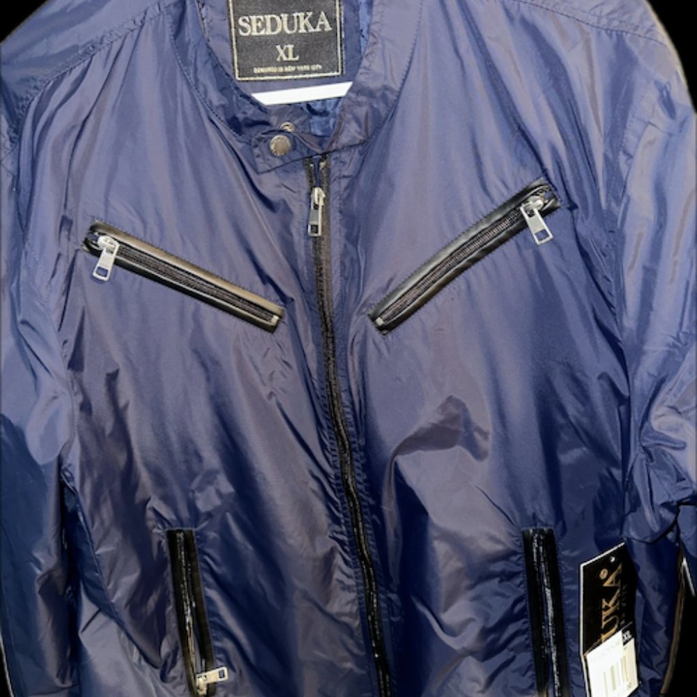 NWT MEN Sz XL SEDUKA Nylon Windbreaker Jacket Asymm MULTI ZIP POCKETS NAVY BLUE!